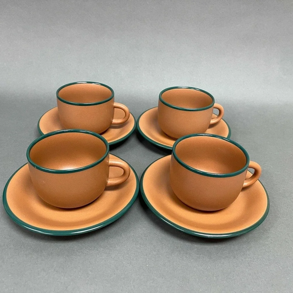 Vintage Brown Green‎ Trim Cups and Saucers Mexico? Lot of 8